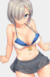 Rule 34 | 10s, 1girl, arm support, bikini, bikini top only, blush, breasts, closed mouth, collarbone, commentary request, front-tie top, grey background, grey skirt, hair ornament, hair over one eye, hairclip, hamakaze (kancolle), kantai collection, large breasts, leaning back, looking at viewer, miniskirt, navel, sawada yuusuke, short hair, silver hair, simple background, sitting, skirt, solo, stomach, swimsuit, white bikini