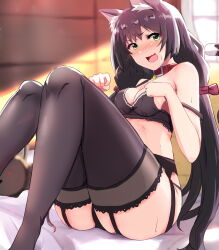 Rule 34 | 1girl, absurdres, animal collar, animal ear fluff, animal ears, ass, bare arms, bell, black bra, black hair, black panties, black thighhighs, blurry, blurry background, blush, bra, breasts, cat ears, cat girl, cat tail, cleavage, collar, ekaki kukuma, embarrassed, eyelashes, fang, feet out of frame, garter belt, garter straps, green eyes, hair between eyes, hands up, head tilt, highres, karyl (princess connect!), knees together feet apart, knees up, lace, lace-trimmed legwear, lace trim, legs, lingerie, long hair, looking at viewer, medium breasts, neck bell, nose blush, open mouth, panties, paw pose, princess connect!, red collar, sitting, skin fang, solo, strap slip, sunlight, sweat, sweatdrop, tail, thick thighs, thighhighs, thighs, underwear, v-shaped eyebrows, very long hair, wide hips, window