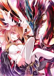 Rule 34 | 1girl, bare shoulders, bird wings, blonde hair, claws, dress, hands on own chest, harpie&#039;s pet dragon, harpie channeler, hat, heart, highres, kanaria (fuusenkazura), open mouth, smile, solo, talons, thighhighs, white dress, white thighhighs, winged arms, wings, yellow eyes, yu-gi-oh!, zettai ryouiki