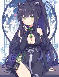 Rule 34 | 1girl, animal ears, bare shoulders, black dress, black gloves, black hair, blue archive, blush, braid, breasts, breasts apart, bridal gauntlets, cleavage cutout, closed mouth, clothing cutout, commentary, dress, elbow gloves, extra ears, gloves, green eyes, heart, large breasts, long hair, looking at viewer, onyhakase, ponytail, shun (blue archive), side slit, sitting, smile, solo, tiger ears, very long hair