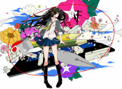 Rule 34 | 1girl, black eyes, black hair, blazer, boots, chain, cloud, colorful, flower, hashimochi, headphones, long hair, looking at viewer, loose necktie, necktie, original, paint can, pen, pencil, power lines, skirt, solo, tablet pc