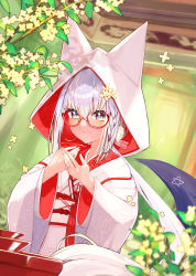 Rule 34 | absurdres, alternate costume, animal ears, braid, commentary request, fox ears, fox girl, fox tail, glasses, green eyes, hair between eyes, highres, hololive, japanese clothes, jewelry, kimono, long hair, long sleeves, looking at viewer, misono denpachi, obi, ornate ring, own hands together, ring, sash, shirakami fubuki, sidelocks, single braid, smile, solo, tail, uchikake, virtual youtuber, white hair, white kimono, wide sleeves