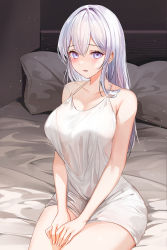 Rule 34 | 1girl, absurdres, backless dress, backless outfit, bare arms, bare shoulders, bed, bedroom, blush, breasts, cleavage, collarbone, dress, highres, large breasts, lillly, looking at viewer, low-cut, medium hair, novel illustration, official art, on bed, open mouth, original, purple eyes, short dress, sitting, sleeveless, sleeveless dress, solo, spaghetti strap, thighs, white dress, white hair
