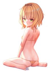 Rule 34 | 1girl, absurdres, ass, bad id, bad pixiv id, bare arms, bare legs, bare shoulders, barefoot, bikini, blonde hair, breasts, brown bikini, butt crack, closed mouth, commentary request, from behind, full body, gochuumon wa usagi desu ka?, green eyes, highres, kirima syaro, ray peng, shadow, sitting, small breasts, solo, swimsuit, wariza, white background