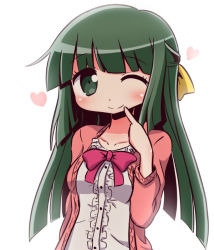 Rule 34 | 1girl, ;), bad id, bad pixiv id, blush, bow, breasts, center frills, closed mouth, collarbone, commentary request, finger to mouth, frills, green eyes, green hair, hair bow, heart, hidamari sketch, jacket, long hair, long sleeves, looking at viewer, naga u, one eye closed, pink jacket, shirt, simple background, small breasts, smile, solo, upper body, white background, white shirt, yellow bow, yoshinoya (hidamari sketch)