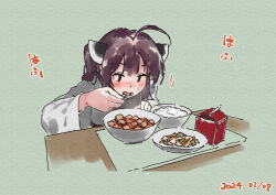 Rule 34 | 1girl, ahoge, blush, bowl, brown eyes, brown hair, dated, food, food request, green background, headgear, holding, holding spoon, japanese clothes, kimono, lamb (hitsujiniku), leaning forward, long sleeves, plate, rice, rice bowl, simple background, solo, spoon, sweat, table, touhoku kiritan, translation request, twintails, voiceroid, white kimono, wide sleeves