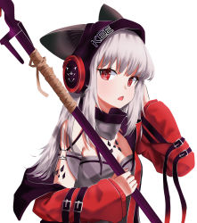 Rule 34 | 1girl, absurdres, arknights, bad id, bad pixiv id, beanie, behind-the-head headphones, belt, black belt, black hat, ears through headwear, frostleaf (arknights), hat, headphones, highres, holding, holding weapon, implied extra ears, jacket, long sleeves, looking at viewer, open mouth, poppypilf, red eyes, red jacket, red sleeves, silver hair, simple background, solo, upper body, weapon, white background