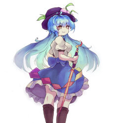 Rule 34 | 1girl, absurdres, ayang, black headwear, blue hair, blue skirt, boots, breasts, closed mouth, commentary, feet out of frame, food, fruit, highres, hinanawi tenshi, holding, holding sword, holding weapon, leaf, long hair, looking at viewer, medium breasts, peach, peach hat ornament, simple background, skirt, smile, solo, sword, sword of hisou, touhou, weapon, white background