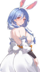 Rule 34 | 1girl, absurdres, animal ear fluff, animal ears, ass, backless dress, backless outfit, bare back, blue hair, blush, braid, breasts, clothing cutout, commentary request, dress, highres, hololive, large breasts, lolifreak, long hair, looking at viewer, looking back, mature female, multicolored hair, pekomama, rabbit ears, rabbit girl, rabbit tail, red eyes, short eyebrows, smile, solo, tail, tail through clothes, thick eyebrows, virtual youtuber, white hair
