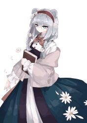 Rule 34 | 1girl, arknights, black dress, blue eyes, blue hair, book, braid, bright pupils, cardigan, dress, flower, frilled hairband, frills, grey cardigan, hair flower, hair ornament, hairband, highres, holding, holding book, istina (arknights), istina (bibliosmia) (arknights), long sleeves, monocle, nazo no hana, neckerchief, official alternate costume, open cardigan, open clothes, red hairband, red neckerchief, simple background, solo, twin braids, white background, white flower, white pupils