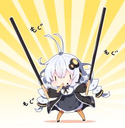 Rule 34 | 1girl, antenna hair, black jacket, blush, braid, breasts, chibi, collared shirt, commentary request, dress, eating, food, food in mouth, food on face, full body, grey dress, hair between eyes, hair ornament, headphones, headset, highres, holding, holding food, jacket, kizuna akari, large breasts, long hair, long sleeves, milkpanda, open clothes, open jacket, orange pantyhose, pantyhose, pocky, puffy cheeks, puffy long sleeves, puffy sleeves, shadow, shirt, solo, standing, star (symbol), striped clothes, striped pantyhose, sunburst, sunburst background, translation request, twin braids, twintails, vertical-striped clothes, vertical-striped pantyhose, very long hair, voiceroid, white shirt, | |