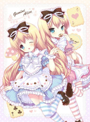 Rule 34 | 2girls, ;d, ace (playing card), bad id, bad pixiv id, blonde hair, blue eyes, blush, bow, card, checkerboard cookie, clubs, cookie, diamond (gemstone), diamond (shape), dress, food, frilled dress, frills, hair bow, heart, highres, mouth hold, multiple girls, mushroom, one eye closed, open mouth, original, playing card, playing card theme, sakura puchirou, smile, socks, striped clothes, striped socks, striped thighhighs, suama, thighhighs, weapon, wink, wrist cuffs