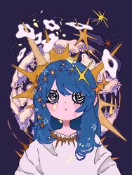 Rule 34 | 1girl, blue hair, blush stickers, expressionless, gold necklace, hair ornament, highres, jewelry, long hair, meitooso, necklace, o o, original, purple background, shirt, sidelocks, simple background, solo, sparkle, star (symbol), star hair ornament, upper body, white shirt