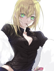 Rule 34 | 1girl, ahoge, artoria pendragon (all), artoria pendragon (fate), bad id, bad pixiv id, blonde hair, breasts, coat, enk, fate/stay night, fate/zero, fate (series), food, fur coat, green eyes, pants, pocky, saber (fate), small breasts, solo, wet, wet hair