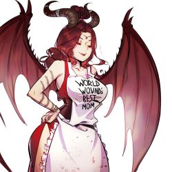 Rule 34 | 1girl, apron, areelu vorlesh, arm tattoo, artist request, bracelet, circlet, curvy, demon girl, demon horns, demon wings, dress, earrings, closed eyes, hands on own hips, highres, horn ornament, horn ring, horns, jewelry, long hair, pathfinder, print apron, red dress, red hair, ring, scar, scar on chest, sleeveless, sleeveless dress, smile, solo, source request, sparkle, tattoo, wings