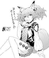 Rule 34 | 1girl, 1other, animal ear fluff, animal ears, arknights, burnt clothes, commentary request, doctor (arknights), edobox, fang, fox ears, fox girl, fox tail, long sleeves, looking at viewer, morte (arknights), navel, open mouth, pantyhose, print pantyhose, shamare (arknights), sitting, skin fang, skull print, smile, stuffed toy, tail, translation request, twintails