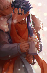 Rule 34 | 2boys, archer (fate), blue coat, blue hair, coat, cu chulainn (caster) (fate), cu chulainn (fate), cup, earrings, english text, fate/grand order, fate (series), fingernails, gravesecrets, hand on another&#039;s hip, highres, holding, holding cup, hot chocolate, hug, hug from behind, jewelry, kiss, long hair, long sleeves, male focus, mature male, mug, multiple boys, one eye closed, parted lips, red eyes, red scarf, scarf, snow, sprinkles, tan, whipped cream, white hair, winter clothes, winter coat, yaoi