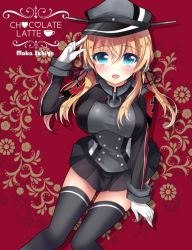Rule 34 | 10s, 1girl, :d, anchor choker, arm up, bad id, bad pixiv id, black skirt, black thighhighs, blush, breasts, coffee cup, colored eyelashes, cover, cover page, cross, cup, disposable cup, eyebrows, gloves, grey hat, hair between eyes, hat, heart, ichiyou moka, index finger raised, iron cross, kantai collection, large breasts, long sleeves, looking at viewer, military, military uniform, open mouth, peaked cap, prinz eugen (kancolle), sitting, skirt, sleeve cuffs, smile, solo, thighhighs, uniform, white gloves, zettai ryouiki