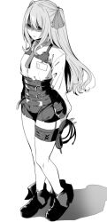 Rule 34 | 1girl, amano don, arms behind back, bags under eyes, belt, boots, breasts, chest harness, collared shirt, commentary, dress shirt, full body, goddess of victory: nikke, greyscale, hair ribbon, harness, high-waist shorts, holster, id card, long hair, mole, mole under mouth, monochrome, multiple belts, necktie, parted lips, ribbon, shaded face, shadow, shirt, shirt tucked in, short shorts, shorts, simple background, small breasts, solo, standing, thigh holster, two side up, whip, white background, wing collar, yuni (nikke)
