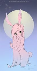 Rule 34 | 1girl, animal ears, blue n, blush stickers, breasts, fingernails, green eyes, highres, leaning forward, long fingernails, long hair, nipples, nude, rabbit ears, rabbit tail, saliva, saliva trail, small breasts, solo, swept bangs, symbol-shaped pupils, tail, tongue, tongue out, very long hair, wading