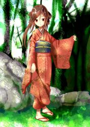Rule 34 | bad id, bad pixiv id, brown hair, feet, forest, harepore, japanese clothes, jpeg artifacts, nature, red eyes, sandals, solo, toes, tree