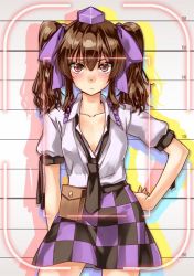 Rule 34 | 1girl, abo (hechouchou), blush, brown eyes, brown hair, checkered clothes, checkered skirt, hands on own hips, hat, himekaidou hatate, long hair, necktie, open clothes, open shirt, shirt, skirt, solo, tokin hat, touhou, twintails