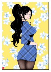 Rule 34 | 1girl, ass, black hair, blue eyes, breasts, chris re5, curvy, dress, earrings, female focus, floral background, flower, high ponytail, hoop earrings, jewelry, long hair, looking back, nico robin, one piece, pantyhose, piercing, plant, ponytail, short dress, smile, solo, thighs