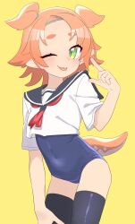 Rule 34 | 1girl, black thighhighs, blue one-piece swimsuit, blush, covered navel, crop top, flat chest, green eyes, highres, linea-chan (owasaki), lizard tail, looking at viewer, neckerchief, one-piece swimsuit, one eye closed, orange hair, orange tail, original, owasaki, red neckerchief, sailor collar, school swimsuit, shirt, short hair, solo, swimsuit, tail, thick eyebrows, thighhighs, tongue, tongue out, white shirt