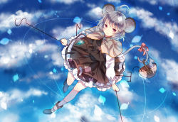 Rule 34 | 1girl, ahoge, animal ears, basket, black skirt, blouse, blush, bow, capelet, cloud, day, domotolain, dowsing rod, dutch angle, female focus, from above, full body, grey capelet, grey hair, holding, holding with tail, jewelry, looking at viewer, mouse (animal), mouse ears, mouse tail, nazrin, necklace, outdoors, petticoat, pink eyes, prehensile tail, shirt, short hair, skirt, skirt set, sky, smile, solo, tail, tail bow, tail ornament, touhou, white shirt