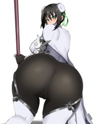 Rule 34 | 1girl, arm guards, ass, black gloves, black hair, blush, bodysuit, breasts, bun cover, cape, cleft of venus, closed mouth, cloud print, covered navel, double bun, elbow gloves, fate/grand order, fate (series), fingerless gloves, gloves, green eyes, green ribbon, hair bun, huge ass, looking at viewer, medium breasts, polearm, qin liangyu (fate), ribbon, sidelocks, simple background, spear, taiger, thighs, weapon, white bodysuit, white cape