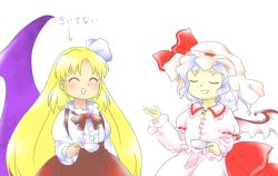 Rule 34 | 2girls, :d, ^ ^, arrow (symbol), bat wings, blonde hair, blue hair, bow, bowtie, brown bow, brown bowtie, brown skirt, buttons, center frills, closed eyes, cup, frills, hair ribbon, hat, hat ribbon, holding, holding cup, kurumi (touhou), light blue hair, long hair, long sleeves, mob cap, multiple girls, nonamejd, official style, open mouth, purple wings, red ribbon, remilia scarlet, ribbon, shirt, short hair, simple background, skirt, smile, suspender skirt, suspenders, teacup, touhou, touhou (pc-98), very long hair, white background, white headwear, white ribbon, white shirt, white skirt, white wings, wings, zun (style)