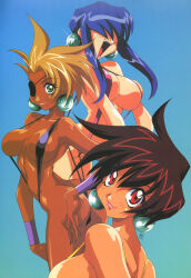 Rule 34 | 1990s (style), 3girls, absurdres, arched back, ass, blonde hair, blue hair, breasts, brown hair, butt crack, dark-skinned female, dark blue hair, dark skin, earrings, eyepatch, fang, green eyes, hair over eyes, highres, jewelry, kotobuki tsukasa, lips, lipstick, long hair, looking at viewer, luchs, makeup, medium breasts, multiple girls, non-web source, open mouth, panther (saber j), photoshop (medium), red eyes, red lips, retro artstyle, saber marionette j, scan, short hair, slingshot swimsuit, smile, swimsuit, tan, tiger (saber j)