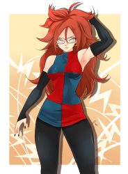 Rule 34 | 1girl, 2017, absurdres, android 21, armpits, bare shoulders, black-framed eyewear, blue eyes, breasts, brown hair, curly hair, detached sleeves, dragon ball, dragon ball fighterz, dress, earrings, giulia valeriani, glasses, highres, hoop earrings, jewelry, long hair, looking at viewer, medium breasts, nail polish, pantyhose, red hair, solo