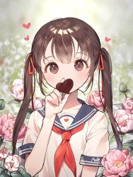 Rule 34 | 1girl, azit (down), blue sailor collar, breasts, brown eyes, brown hair, candy, chocolate, chocolate heart, collarbone, commentary, covered mouth, english commentary, fingernails, flower, food, hair between eyes, hair ribbon, heart, highres, holding, holding food, long hair, neckerchief, original, pink flower, pink rose, red neckerchief, red ribbon, ribbon, rose, sailor collar, school uniform, serafuku, shirt, short sleeves, sidelocks, solo, twintails, upper body, white shirt