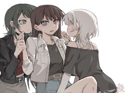 Rule 34 | 3girls, bang dream!, bang dream! it&#039;s mygo!!!!!, belt, between legs, black jacket, black shirt, blush, bra strap, bright pupils, brown hair, chinese commentary, closed mouth, commentary request, earclip, earrings, expressionless, girl sandwich, green eyes, green hair, grey skirt, highres, holding hands, jacket, jewelry, kaname raana, leather, leather jacket, long hair, long sleeves, medium hair, multiple girls, off-shoulder shirt, off shoulder, purple eyes, red shirt, sandwiched, shiina taki, shirt, simple background, skirt, white background, white hair, white jacket, white pupils, wolf cut, yahata umiri, yanlingjinshilihuahua, yuri
