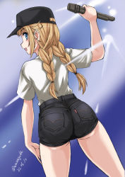 Rule 34 | 1girl, artist request, ass, back, back focus, baseball cap, blonde hair, blue eyes, blush, female focus, from behind, hat, highres, long hair, looking at viewer, looking back, microphone, open mouth, paripi koumei, shorts, solo, tsukimi eiko