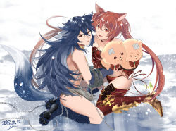 Rule 34 | 2girls, :d, animal ears, animal hands, armor, bare shoulders, big hair, blue hair, breasts, cerberus (shingeki no bahamut), chain, chained, commentary request, dated, dog ears, dog girl, fang, fenrir (shingeki no bahamut), flat chest, from side, full body, gloves, gold trim, granblue fantasy, hair between eyes, half-closed eyes, hand puppet, large breasts, long hair, looking at viewer, looking to the side, multiple girls, nuu (liebe sk), open mouth, parted bangs, paw gloves, paw shoes, puppet, red eyes, red hair, shingeki no bahamut, signature, sitting, slit pupils, smile, spiked hair, tail, tsurime, twintails, v-shaped eyebrows, very long hair, wolf ears, wolf girl, wolf tail