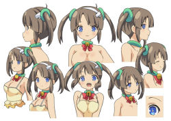 Rule 34 | 10s, 1girl, :d, artist request, blue eyes, breasts, character sheet, closed eyes, female focus, light brown hair, looking at viewer, minori (senran kagura), multiple views, no bra, official art, open mouth, senran kagura, short twintails, simple background, smile, tank top, twintails, upper body, white background