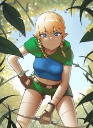 Rule 34 | 1girl, absurdres, blonde hair, blouse, blue shirt, blunt bangs, bow (weapon), braid, hand on own hip, highres, holding, holding bow (weapon), holding weapon, linkle, nintendo, shirt, short shorts, shorts, solo, tagme, the legend of zelda, thighs, twin braids, weapon