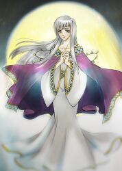 Rule 34 | 1girl, absurdres, cape, circlet, commentary request, dress, fire emblem, fire emblem: genealogy of the holy war, grey hair, highres, jewelry, julia (fire emblem), long dress, long hair, long sleeves, nintendo, nyankoteioh, own hands together, praying, purple eyes, smile, solo