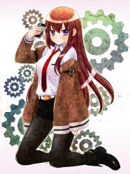Rule 34 | 1girl, akito (ao&#039;s club), blue eyes, boots, brown hair, cellphone, highres, iphone, long hair, makise kurisu, necktie, pantyhose, phone, product placement, red hair, red necktie, shirt, shorts, smartphone, solo, steins;gate