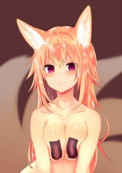 Rule 34 | 1girl, animal ears, arms at sides, bad id, bad pixiv id, blonde hair, blush, breasts, breasts squeezed together, brown background, cleavage, closed mouth, collarbone, convenient censoring, fox ears, fox girl, hair between eyes, highres, kitsune, kyuubi, light smile, long hair, looking at viewer, medium breasts, multiple tails, nude, ofuda, original, red eyes, sidelocks, simple background, smile, solo, sukemyon, tail, upper body