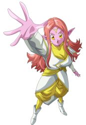 Rule 34 | 1girl, arm up, bare shoulders, boots, breasts, chronoa, circlet, colored skin, dragon ball, dragon ball heroes, dragon ball xenoverse, earrings, full body, highres, jewelry, large breasts, long hair, official art, open mouth, pants, pink hair, pink skin, pointy ears, potara earrings, reaching, reaching towards viewer, shirt, solo, sparkle, white footwear, white shirt, yellow eyes, yellow pants