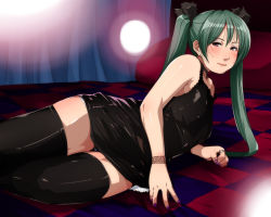 Rule 34 | 1girl, aqua eyes, aqua hair, bed, blue eyes, curvy, dress, earrings, ganto, green hair, hatsune miku, highres, jewelry, lying, md5 mismatch, nail polish, on side, panties, purple nails, resolution mismatch, solo, source smaller, striped clothes, striped panties, thighhighs, twintails, underwear, vocaloid