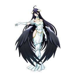 Rule 34 | 1girl, ahoge, albedo (overlord), bare shoulders, black hair, black wings, breasts, demon girl, demon horns, dress, feathered wings, gloves, hair between eyes, horns, large breasts, long hair, official art, overlord (maruyama), smile, solo, white dress, white gloves, wings, yellow eyes