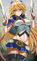 Rule 34 | 1girl, arc system works, blazblue, blonde hair, breasts, curvy, gloves, green eyes, gun, highres, legs, long hair, looking at viewer, medium breasts, midriff, navel, necktie, noel vermillion, parted lips, sato one1, skirt, solo, thick thighs, thighs, weapon