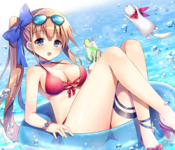 Rule 34 | 1girl, :d, animal, bare legs, bare shoulders, bendy straw, bikini, blue bow, blue choker, blue eyes, blue flower, blue innertube, blush, bow, breasts, brown-framed eyewear, brown hair, choker, cleavage, collarbone, commentary request, cup, cupping glass, drink, drinking glass, drinking straw, dutch angle, eyewear on head, fal (girls&#039; frontline), ferret, flower, flower bracelet, girls&#039; frontline, hair between eyes, hair bow, high heels, innertube, large breasts, light brown hair, long hair, looking at viewer, mauve, open mouth, red bikini, red flower, red footwear, shoes, side-tie bikini bottom, side ponytail, smile, solo, sunglasses, swim ring, swimsuit, thigh strap, transparent, very long hair, water, water drop
