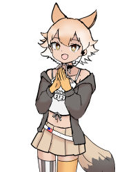 Rule 34 | absurdres, animal ears, black jacket, blonde hair, coyote, coyote (kemono friends), wolf ears, wolf tail, gloves, highres, jacket, kemono friends, kemono friends v project, necktie, shirt, shoes, short hair, skirt, smile, tail, virtual youtuber, white shirt, yellow eyes, yellow gloves