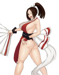 Rule 34 | 1girl, :d, ass, breasts, brown eyes, brown hair, chiwino, hand fan, fatal fury, folding fan, hair ribbon, large breasts, legs, long hair, looking at viewer, looking back, obi, one eye closed, open mouth, pelvic curtain, ponytail, revealing clothes, ribbon, sash, shiranui mai, sideboob, smile, snk, solo, the king of fighters, thighs, white background, wink, wristband