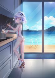 Rule 34 | 1girl, absurdres, anchor symbol, ass, bare back, bare shoulders, blue eyes, blue hair, blue hat, blush, boots, bowl, chain, character request, chinese commentary, commentary request, cooking, cuffs, from side, full body, hat, highres, indoors, kitchen, ladle, lake, legs, leotard, looking at viewer, mini hat, mountain, patio, ponytail, pot, roller skates, scenery, skates, smile, solo, strapless, strapless leotard, tears, thighs, warship girls r, white footwear, white leotard, window